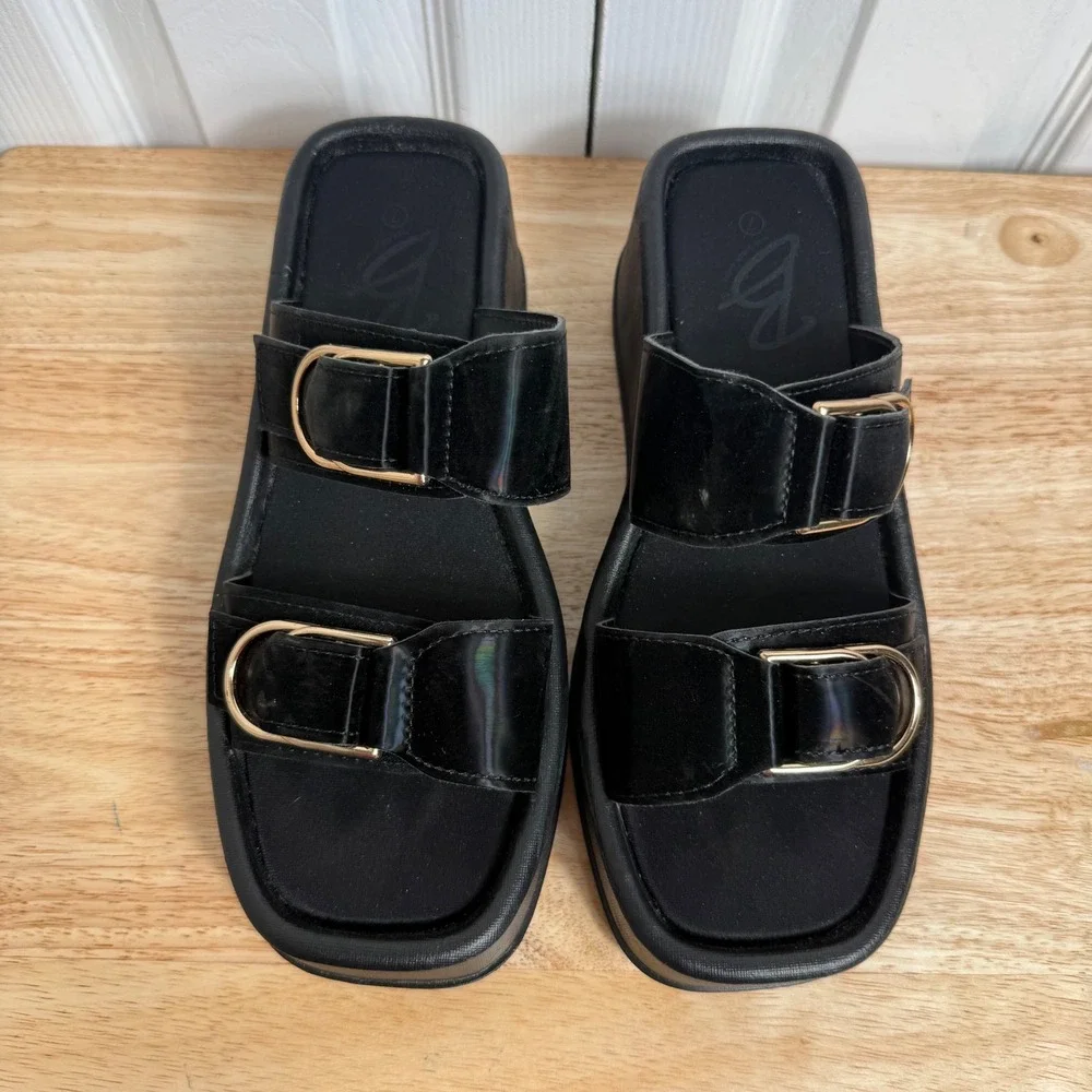 Bamboo Platform Slide Sandals Size 7 Black Y2K Chunky Buckle Goth Aesthetic